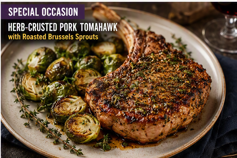 herb-crusted-pork-tomahawk-with-roasted-brussels-sprouts